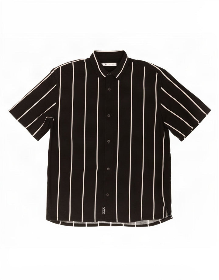 Zara Mens Short Sleeve Shirt Large Black Striped Viscose