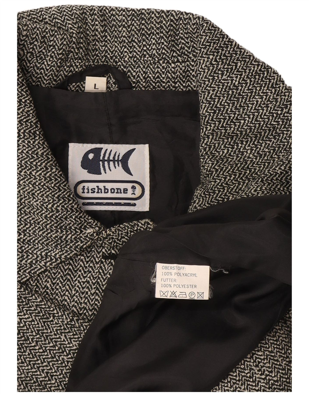 Fishbone Womens Overcoat UK 14 Large Black Herringbone Acrylic