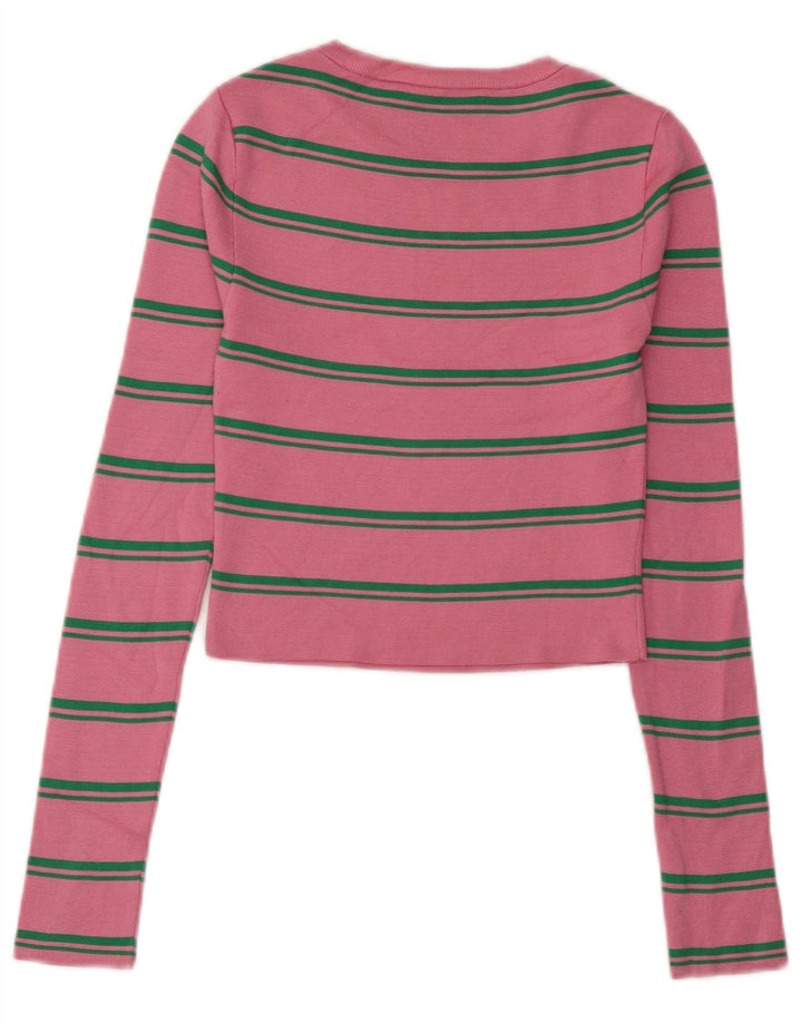Zara Womens Crop Top Long Sleeve UK 8 Small Pink Striped Polyamide