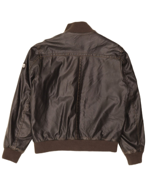WPM Mens Faux Leather Bomber Jacket UK 40 Large Brown Polyvinyl