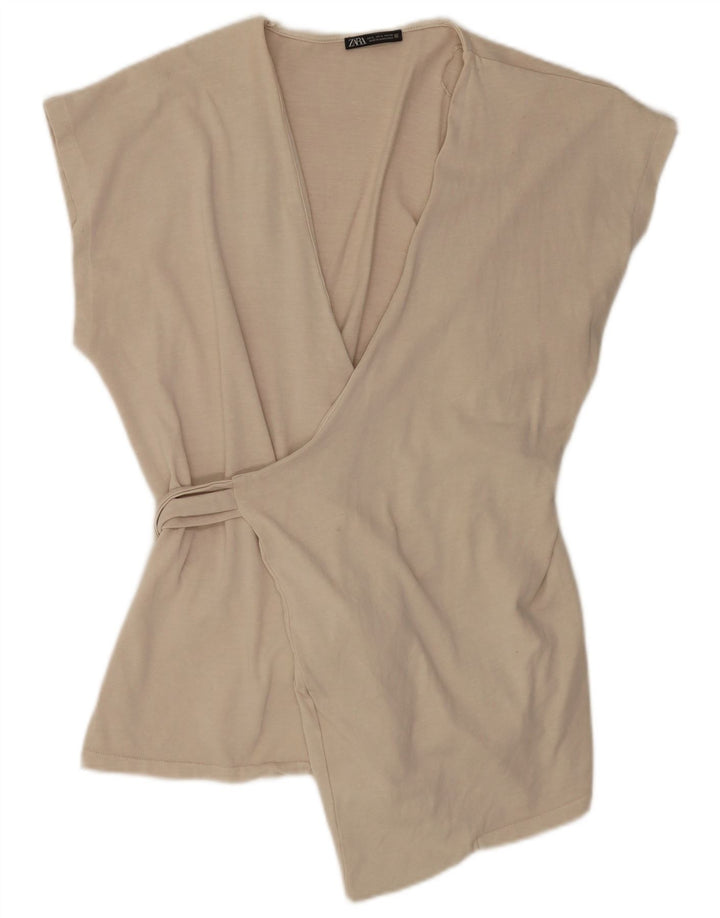 Zara Womens Wrap Blouse Top UK 16 Large Beige Cotton