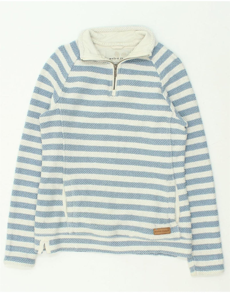 WEIRD FISH Womens Zip Neck Sweatshirt Jumper UK 12 Medium Blue Striped | Vintage Weird Fish | Thrift | Second-Hand Weird Fish | Used Clothing | Messina Hembry 