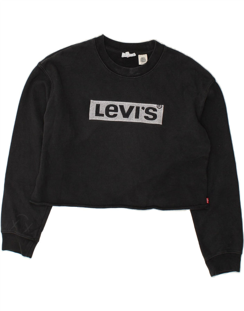 LEVI'S Womens Graphic Crop Sweatshirt Jumper UK 6 XS Black Cotton | Vintage Levi's | Thrift | Second-Hand Levi's | Used Clothing | Messina Hembry 