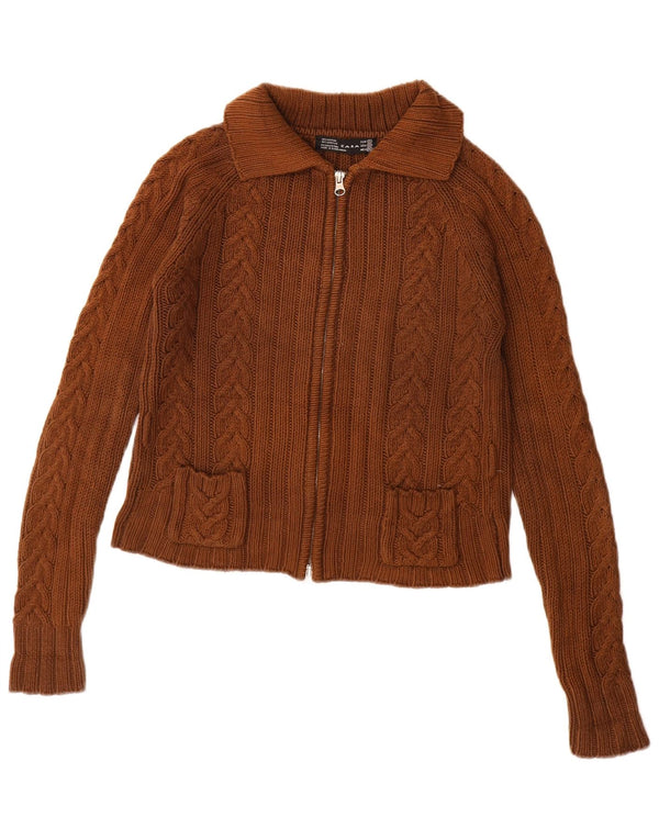 Zara Womens Full Zip Cardigan Sweater UK 10 Small Brown Cotton