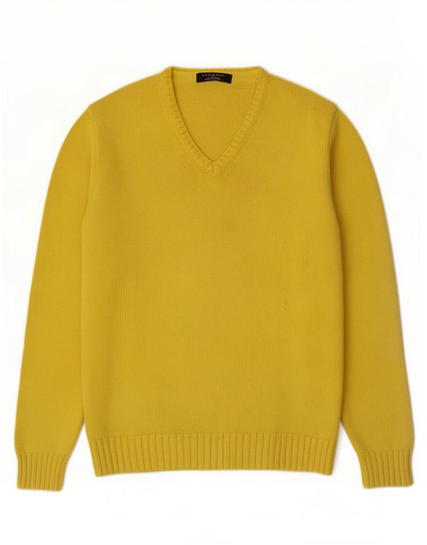 Zara Mens V-Neck Jumper Sweater Large Yellow Cotton