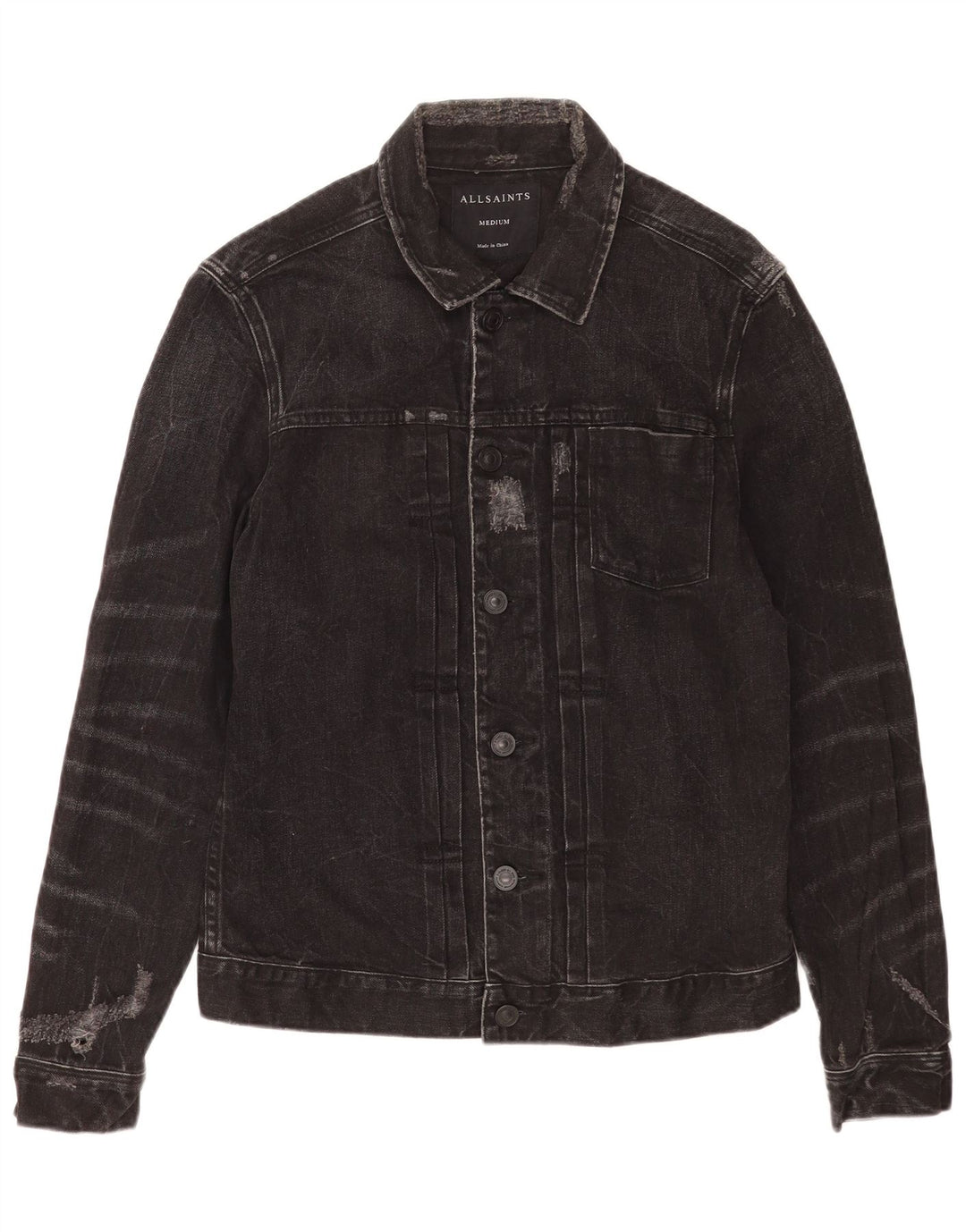 All Saints Mens Distressed Denim Jacket UK 38 Medium Black Cotton