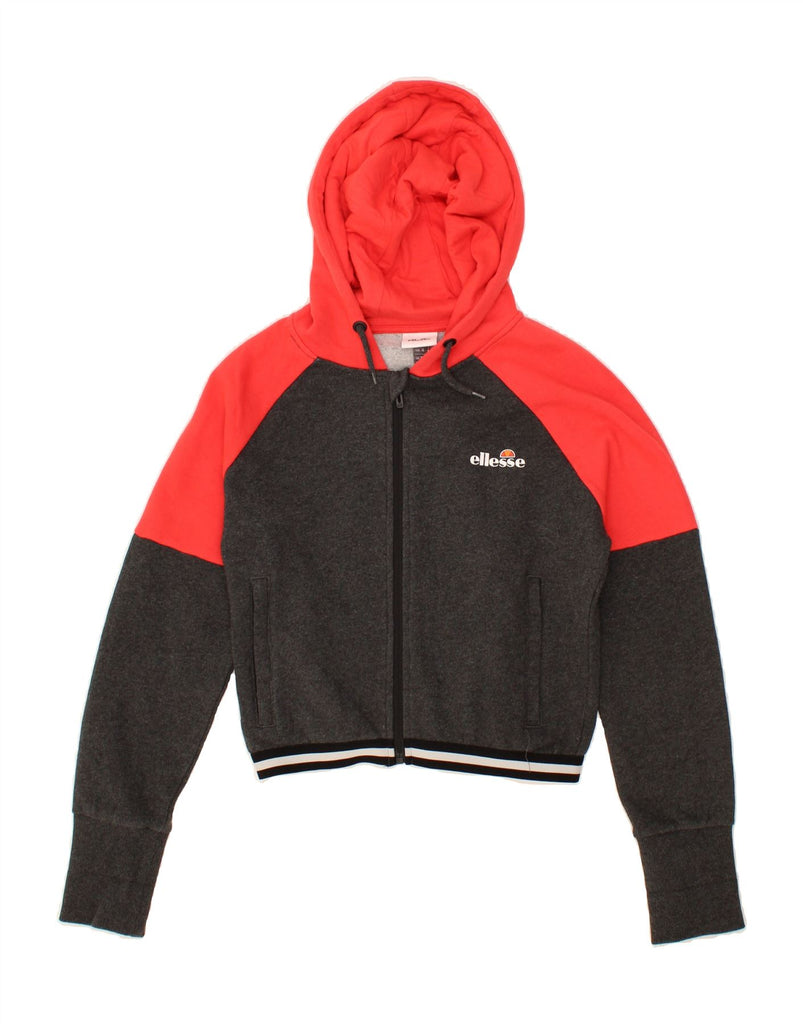 ELLESSE Womens Crop Oversized Zip Hoodie Sweater UK 6 XS Grey Colourblock Vintage Ellesse and Second-Hand Ellesse from Messina Hembry 