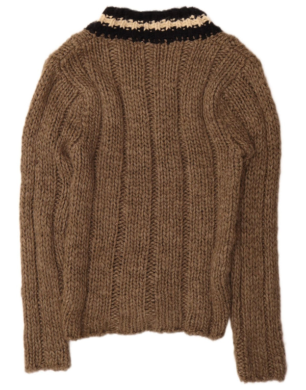 Zara Mens V-Neck Jumper Sweater Large Brown Striped Acrylic