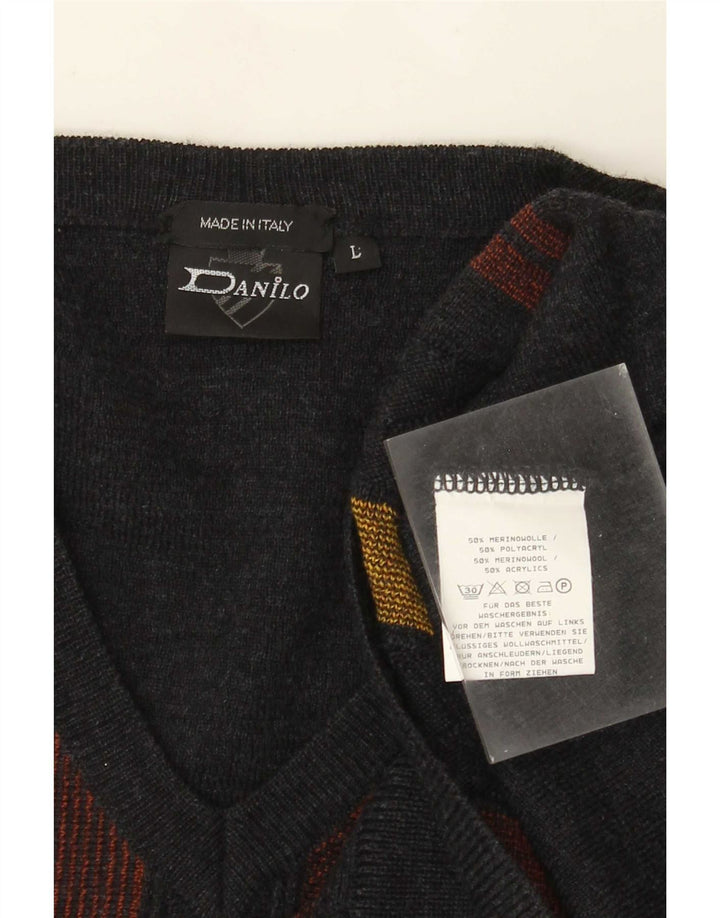 Danilo Mens V-Neck Jumper Sweater Large Grey Striped Polyacrylic