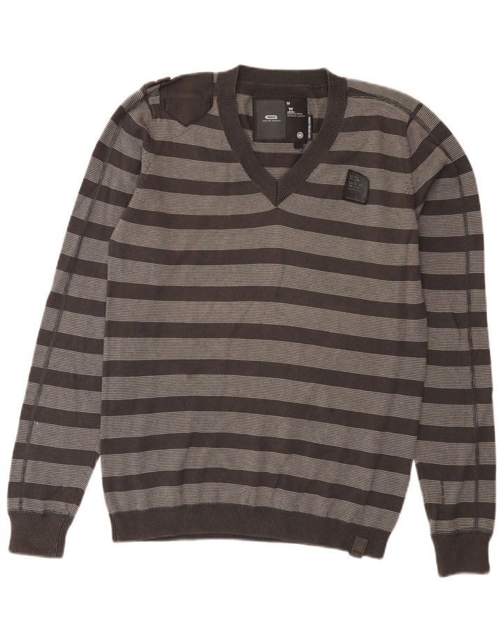 G-Star Mens V-Neck Jumper Sweater Medium Grey Striped Cotton