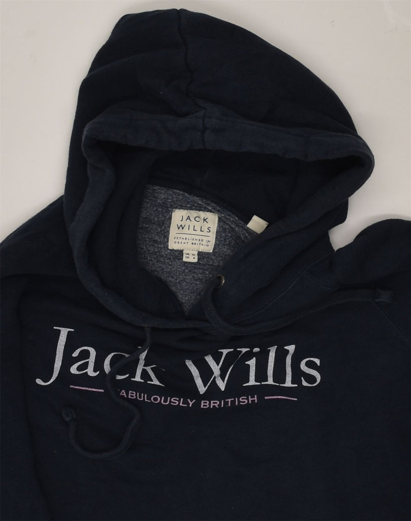 JACK WILLS Womens Graphic Hoodie Jumper UK 10 Small Navy Blue Cotton | Vintage Jack Wills | Thrift | Second-Hand Jack Wills | Used Clothing | Messina Hembry 