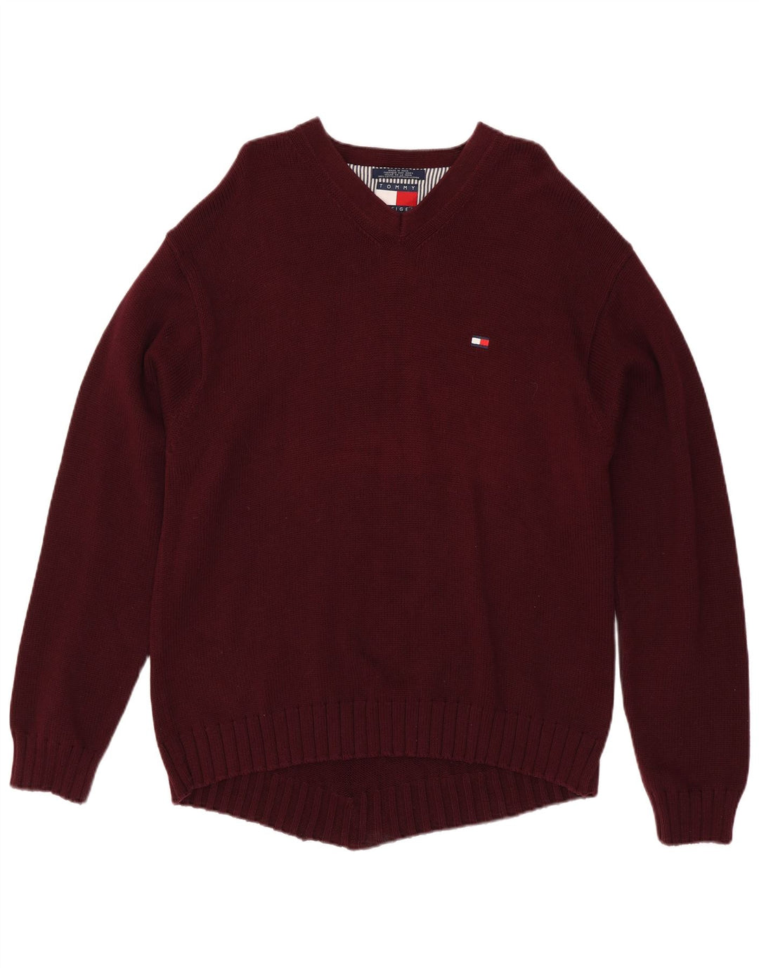 TOMMY HILFIGER Mens V-Neck Jumper Sweater XL Burgundy Cotton