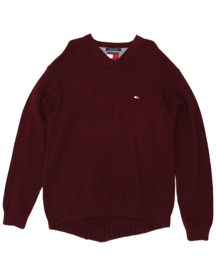 TOMMY HILFIGER Mens V-Neck Jumper Sweater XL Burgundy Cotton