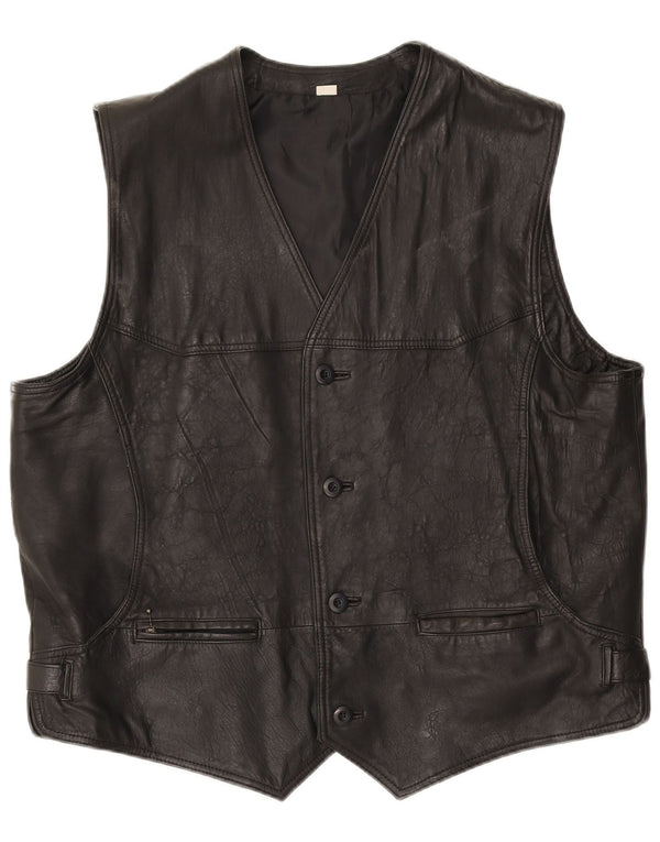 VINTAGE Mens Leather Waistcoat 3XL Black Leather