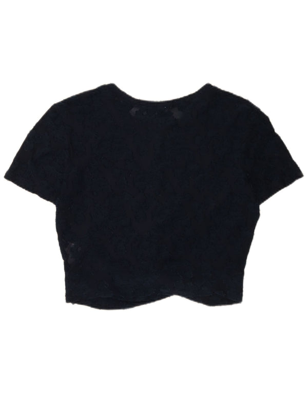 Zara Womens Crop Lace Blouse Top UK 14 Large Navy Blue Floral Polyester
