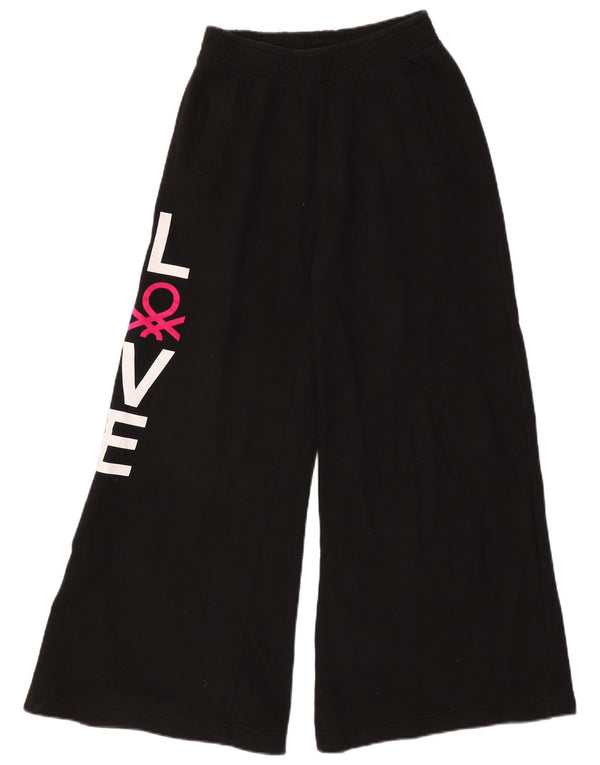 Benetton Womens Graphic Wide Leg Tracksuit Trousers UK 8 Small Black Cotton