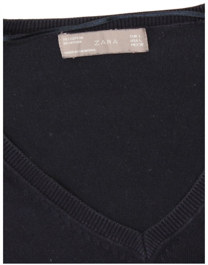 Zara Womens V-Neck Jumper Sweater UK 16 Large Navy Blue