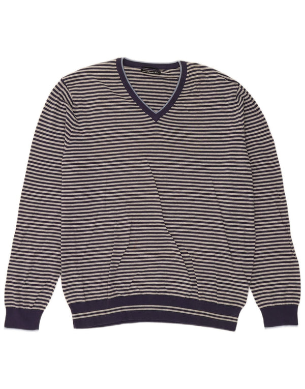 Massimo Dutti Mens V-Neck Jumper Sweater XL Blue Striped Cotton