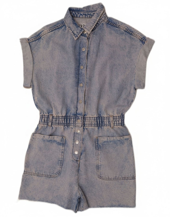 Zara Womens Denim Playsuit UK 14 Medium Blue Cotton