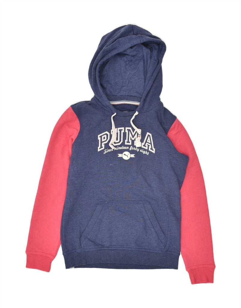 PUMA Womens Graphic Hoodie Jumper UK 8 Small Navy Blue Colourblock | Vintage Puma | Thrift | Second-Hand Puma | Used Clothing | Messina Hembry 