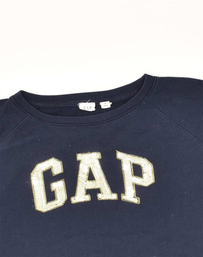 GAP Womens Longline Graphic Sweatshirt Jumper UK 6 XS Navy Blue Cotton | Vintage Gap | Thrift | Second-Hand Gap | Used Clothing | Messina Hembry 