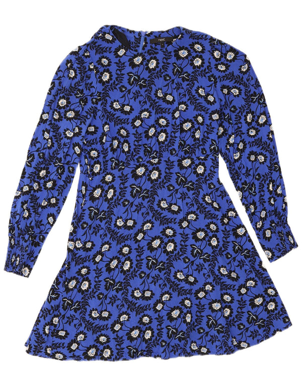 Next Womens Long Sleeve A-Line Dress UK 8 Small Blue Floral Viscose
