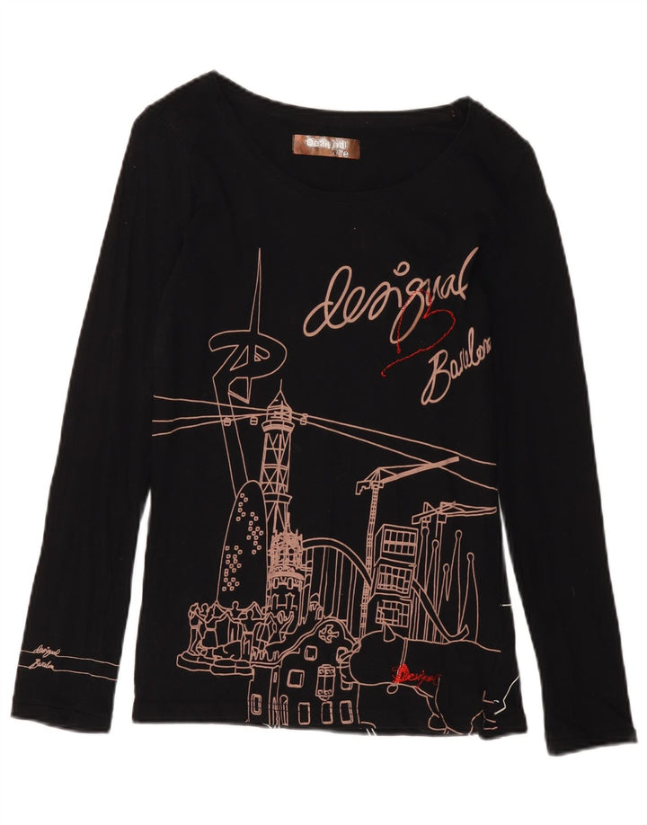 Desigual Womens Barcelona Graphic Top Long Sleeve UK 12 Medium Black Cotton