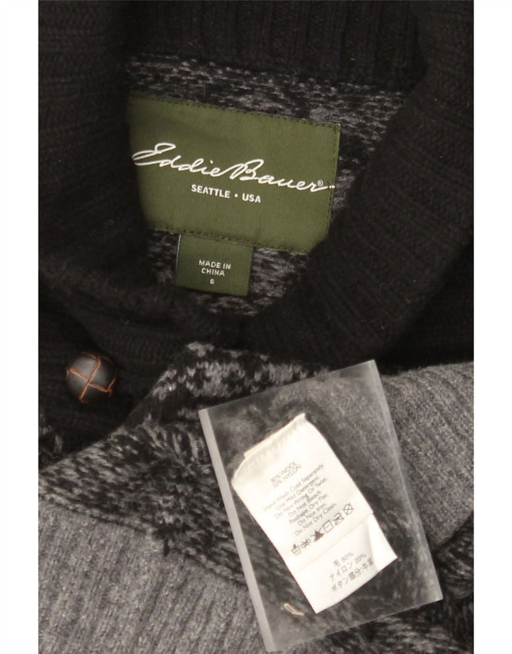 EDDIE BAUER Mens Shawl Neck Jumper Sweater Small Grey Fair Isle Wool