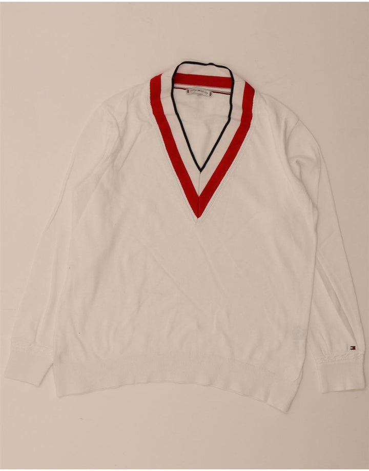 Tommy Hilfiger Womens V-Neck Jumper Sweater UK 14 Medium White Colourblock