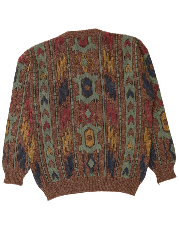 VINTAGE Mens V-Neck Jumper Sweater IT 50 Medium Brown Geometric