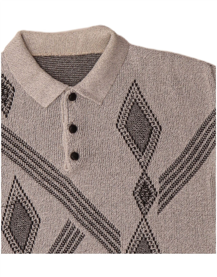 Vintage Mens Polo Neck Jumper Sweater Medium Grey Geometric