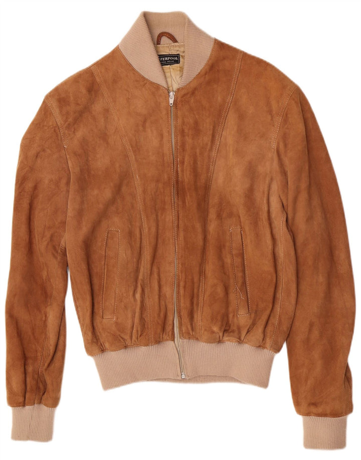 Liverpool Mens Suede Bomber Jacket UK 38 Medium Brown Colourblock Leather