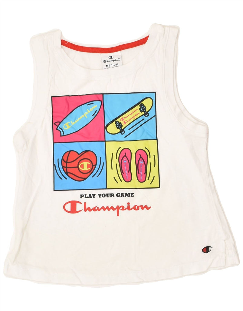 CHAMPION Boys Graphic Vest Top 9-10 Years Medium White Geometric | Vintage Champion | Thrift | Second-Hand Champion | Used Clothing | Messina Hembry 