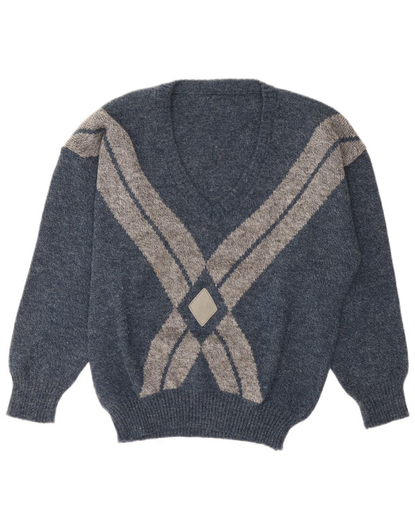 VINTAGE Mens V-Neck Jumper Sweater IT 52 Large Navy Blue Argyle/Diamond