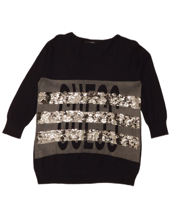 Guess Womens Oversized Graphic Boat Neck Jumper Sweater UK 6 XS Black