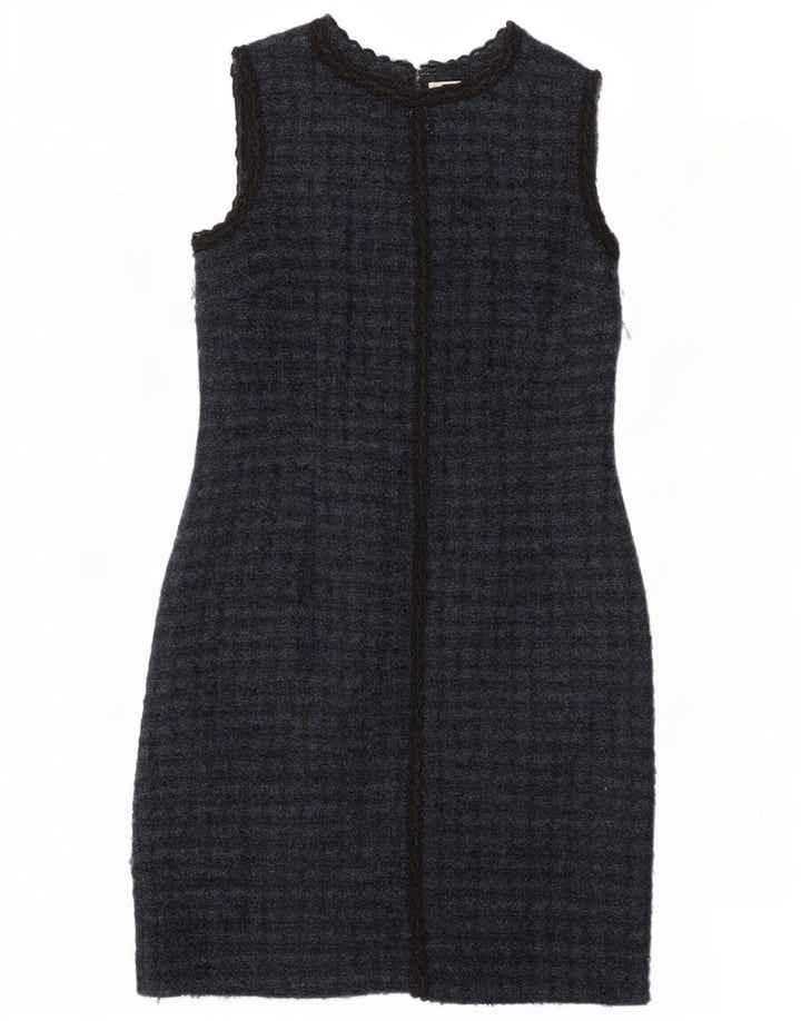 Brora Womens Sleeveless Sheath Dress UK 14 Large Navy Blue Houndstooth Wool