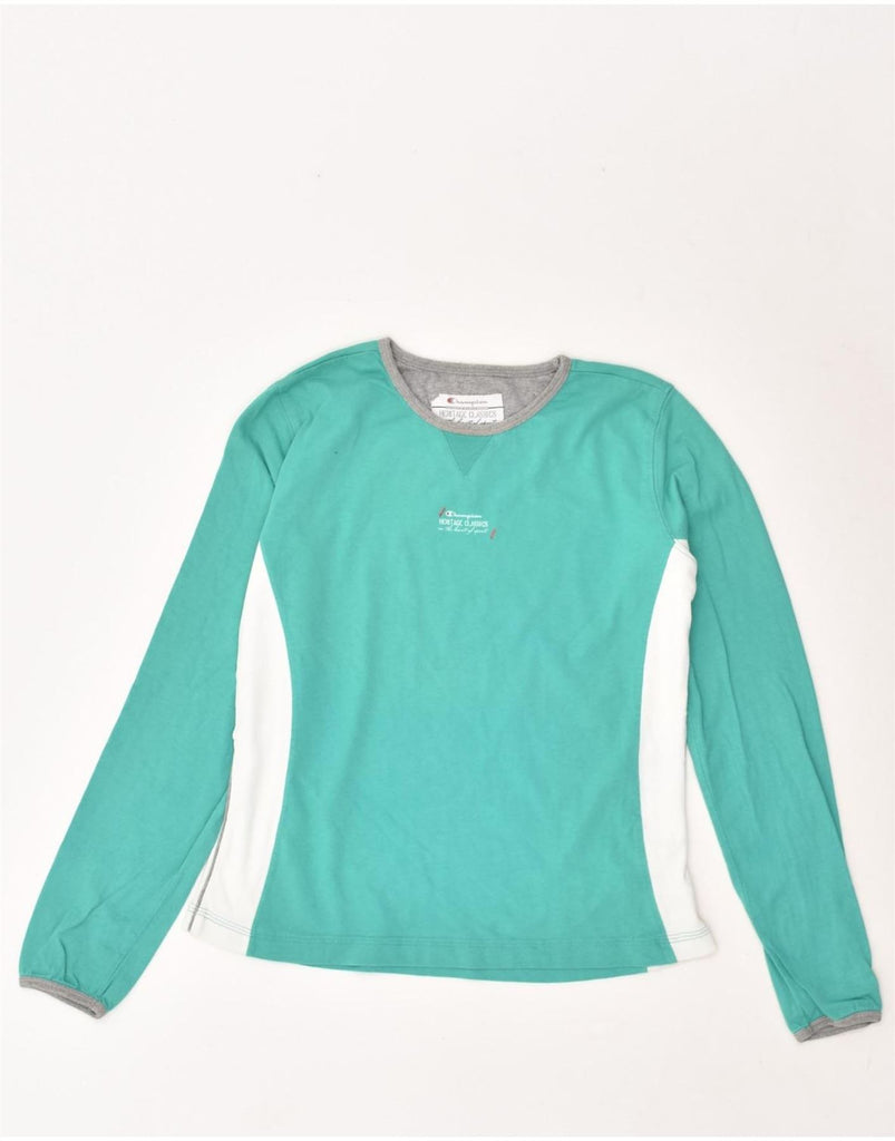 CHAMPION Womens Top Long Sleeve UK 14 Large Turquoise Colourblock Cotton | Vintage Champion | Thrift | Second-Hand Champion | Used Clothing | Messina Hembry 