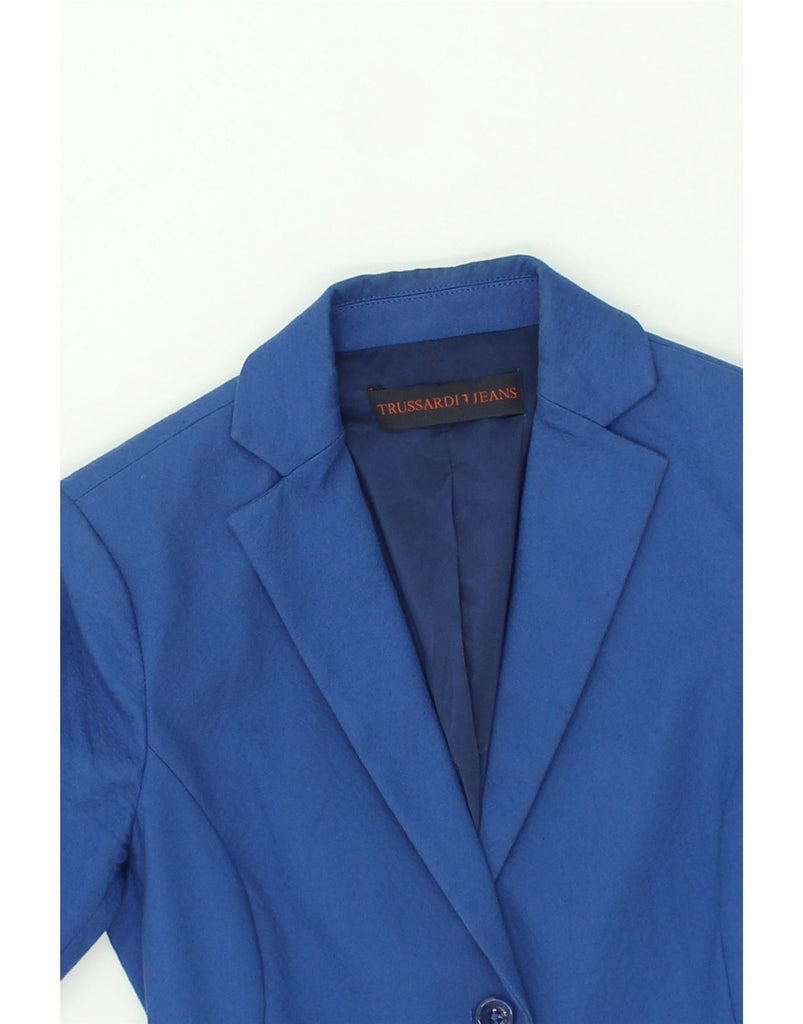 TRUSSARDI Womens 2 Button Blazer Jacket IT 40 Small Blue Cotton | Vintage Trussardi | Thrift | Second-Hand Trussardi | Used Clothing | Messina Hembry 