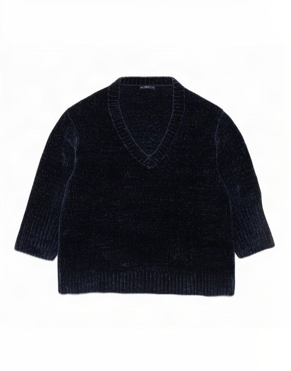 Zara Womens 3/4 Sleeve V-Neck Jumper Sweater UK 14 Medium Navy Blue