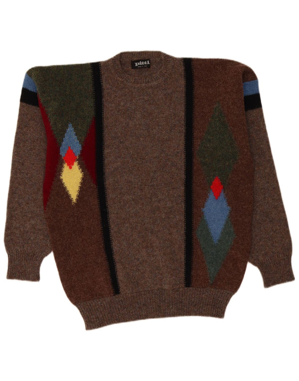 Vintage Mens Crew Neck Jumper Sweater Large Brown Argyle/Diamond Wool