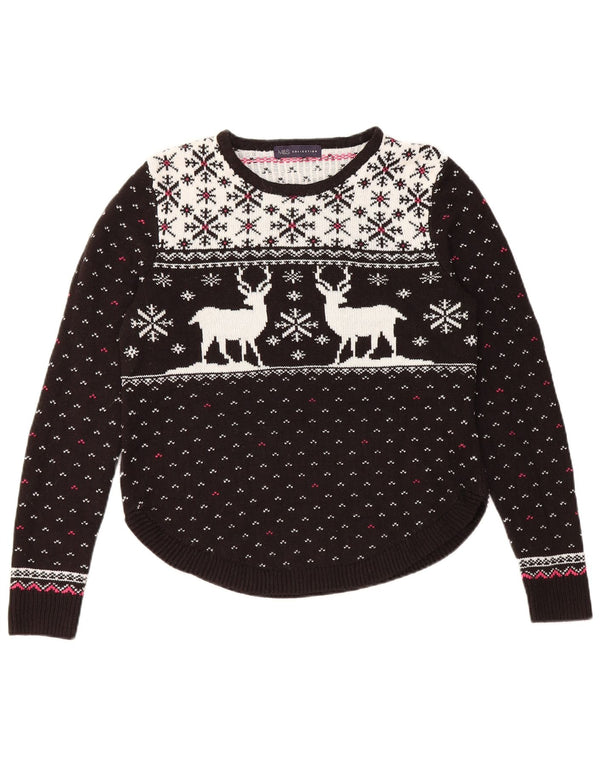 Marks & Spencer Womens Crew Neck Jumper Sweater UK 14 Medium Black Christma