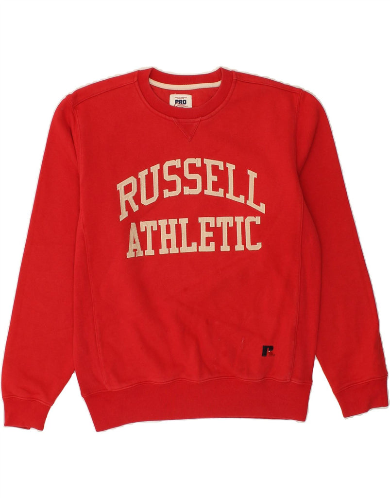 RUSSELL ATHLETIC Mens Graphic Sweatshirt Jumper Small Red Cotton Vintage Russell Athletic and Second-Hand Russell Athletic from Messina Hembry 