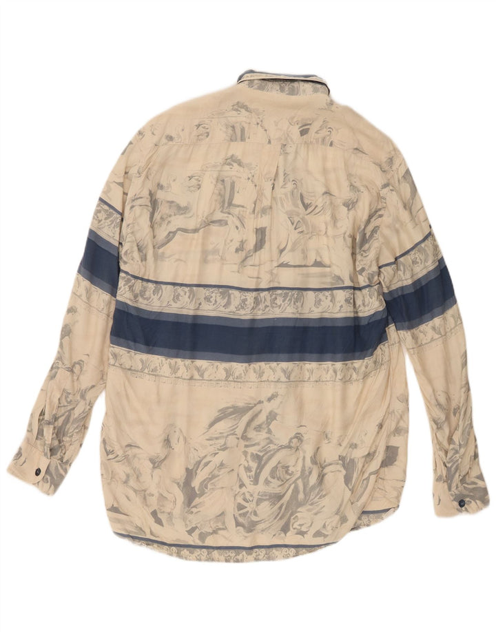 Vintage Mens Abstract Pattern Shirt Medium Beige Colourblock Viscose