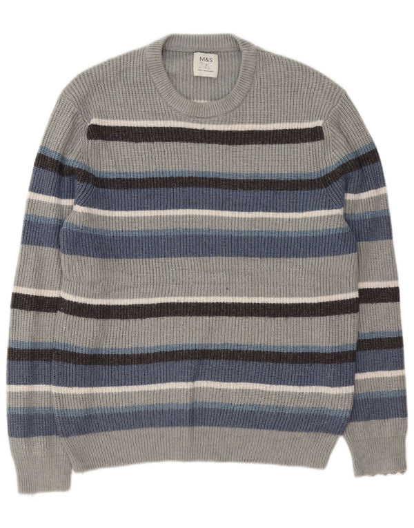 Marks & Spencer Mens Crew Neck Jumper Sweater Large Grey Striped Polyamide