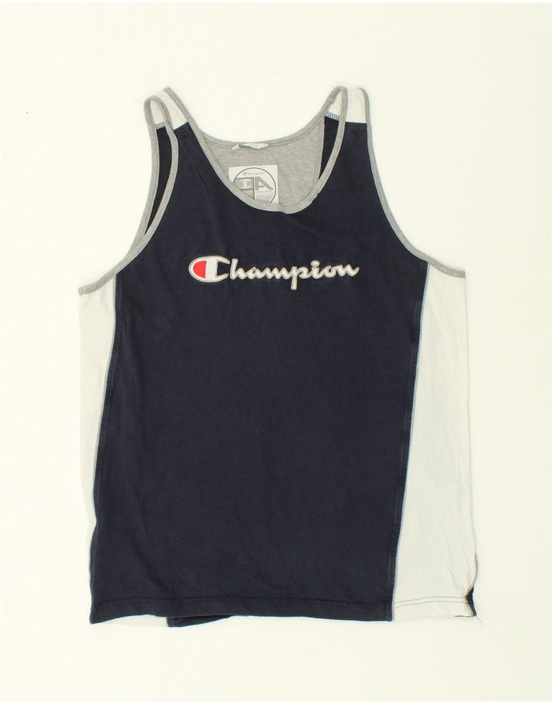 CHAMPION Womens Graphic Vest Top UK 20 2XL Navy Blue Colourblock | Vintage Champion | Thrift | Second-Hand Champion | Used Clothing | Messina Hembry 