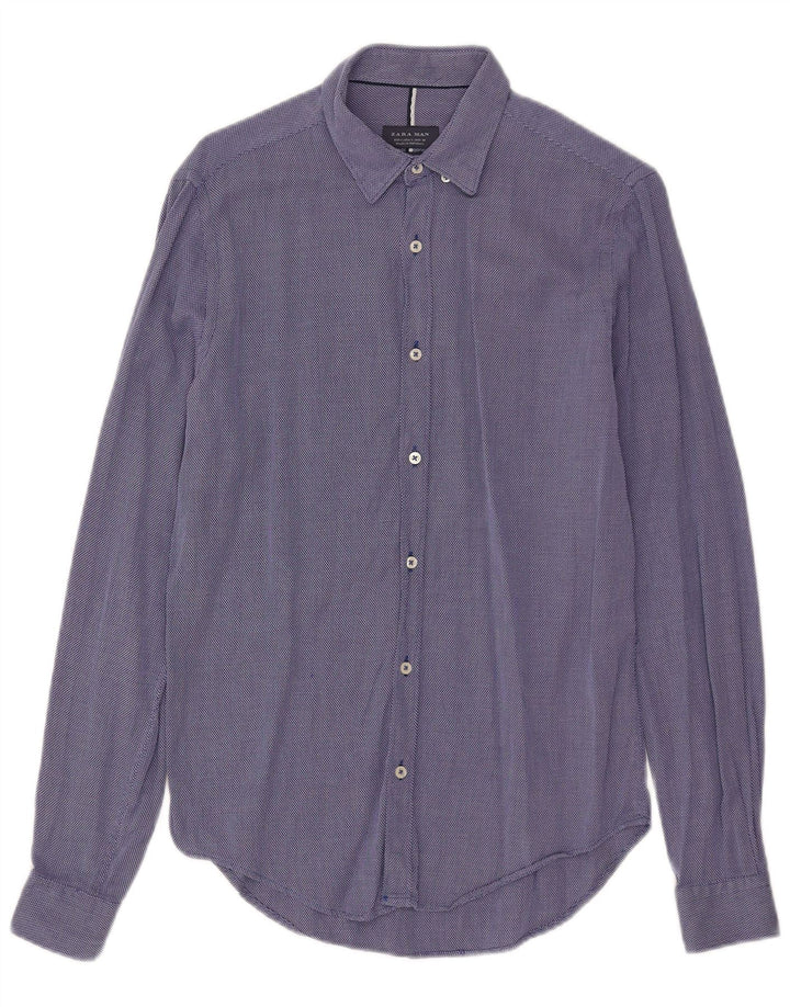 Zara Mens Slim Fit Shirt Small Blue Spotted Cotton