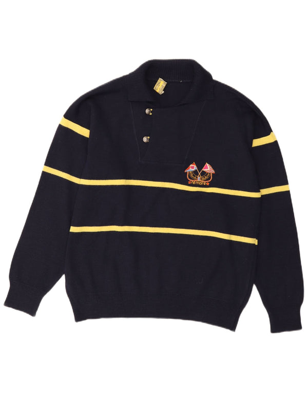 Vintage Mens Polo Neck Jumper Sweater Large Navy Blue Striped