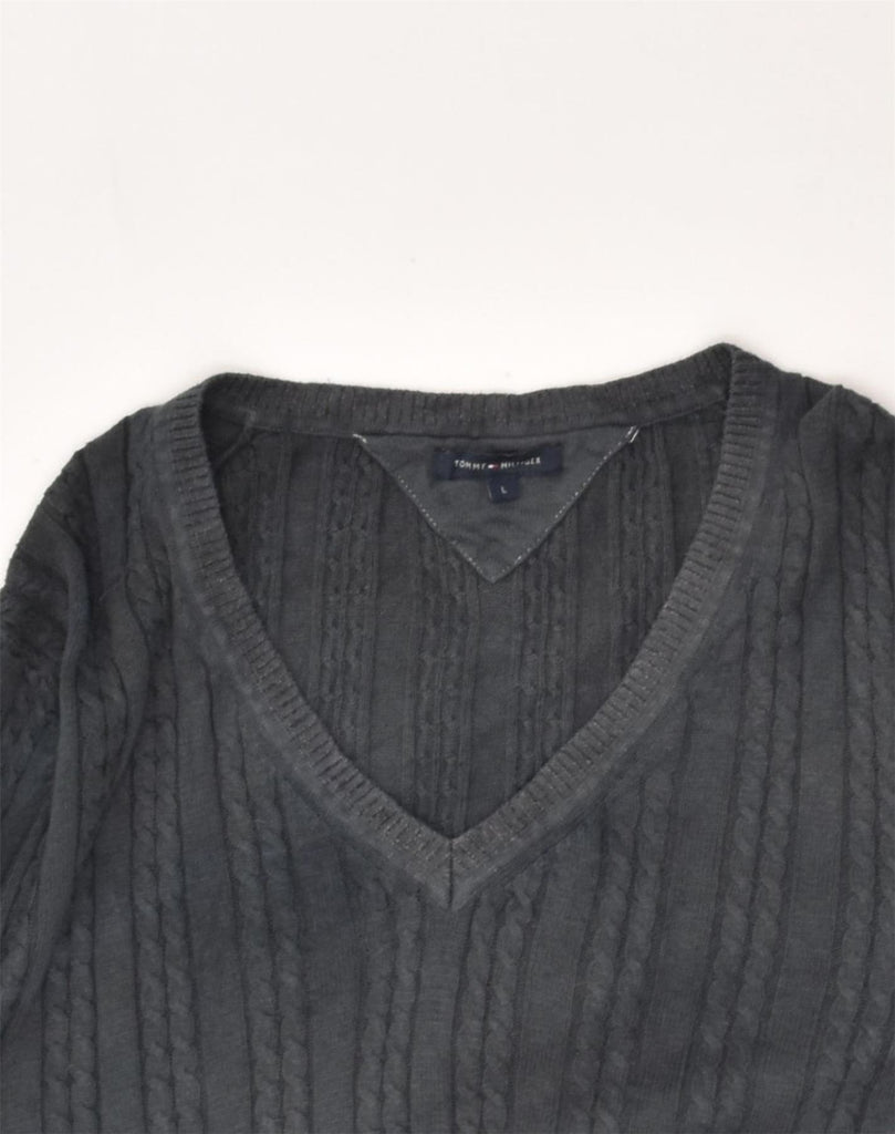 TOMMY HILFIGER Womens V-Neck Jumper Sweater UK 16 Large Grey Cotton | Vintage Tommy Hilfiger | Thrift | Second-Hand Tommy Hilfiger | Used Clothing | Messina Hembry 