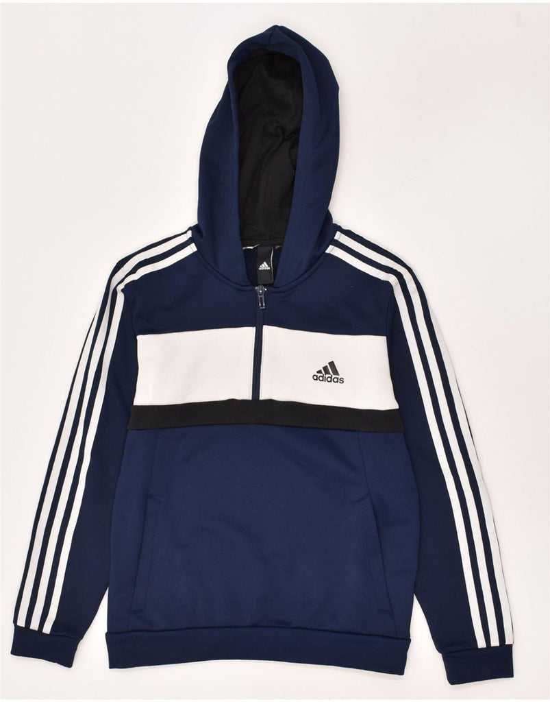 ADIDAS Boys Graphic Zip Neck Hoodie Jumper 9-10 Years Navy Blue Polyester | Vintage Adidas | Thrift | Second-Hand Adidas | Used Clothing | Messina Hembry 