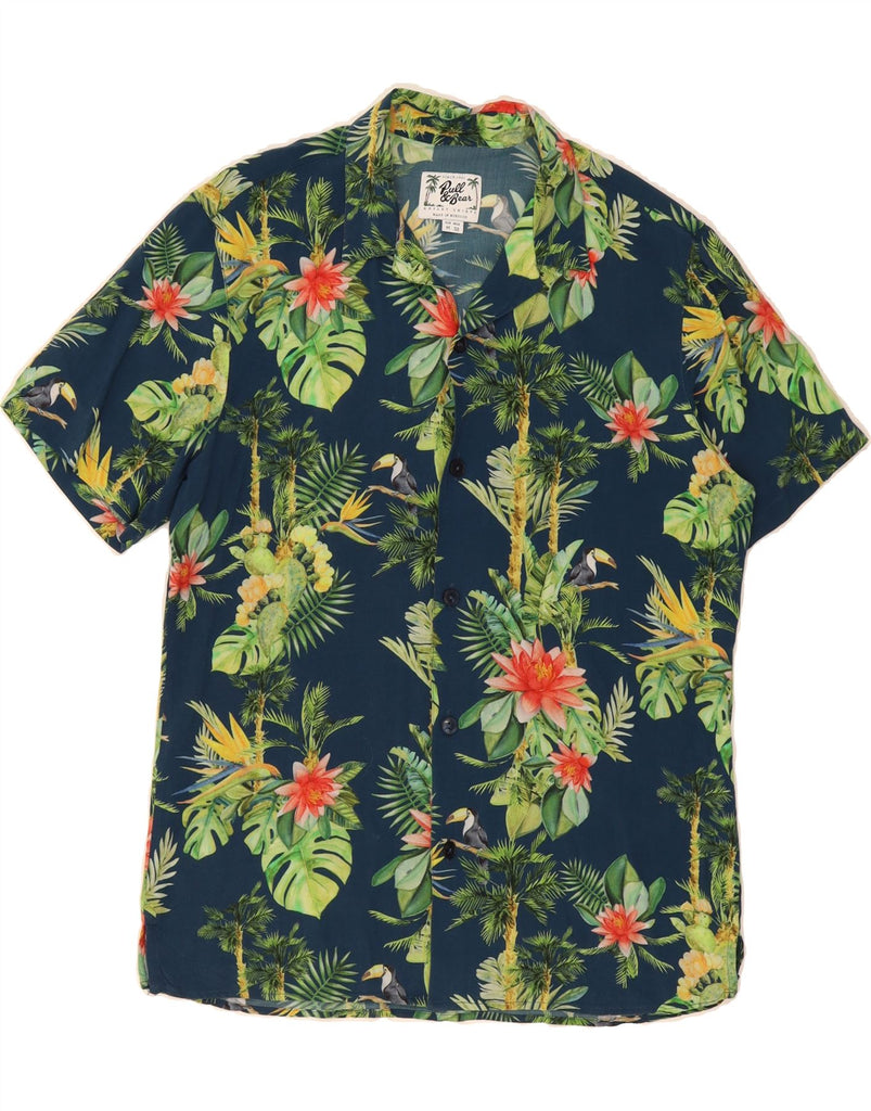 PULL & BEAR Mens Graphic Short Sleeve Shirt Medium Blue Floral Hawaiian Vintage Pull & Bear and Second-Hand Pull & Bear from Messina Hembry 